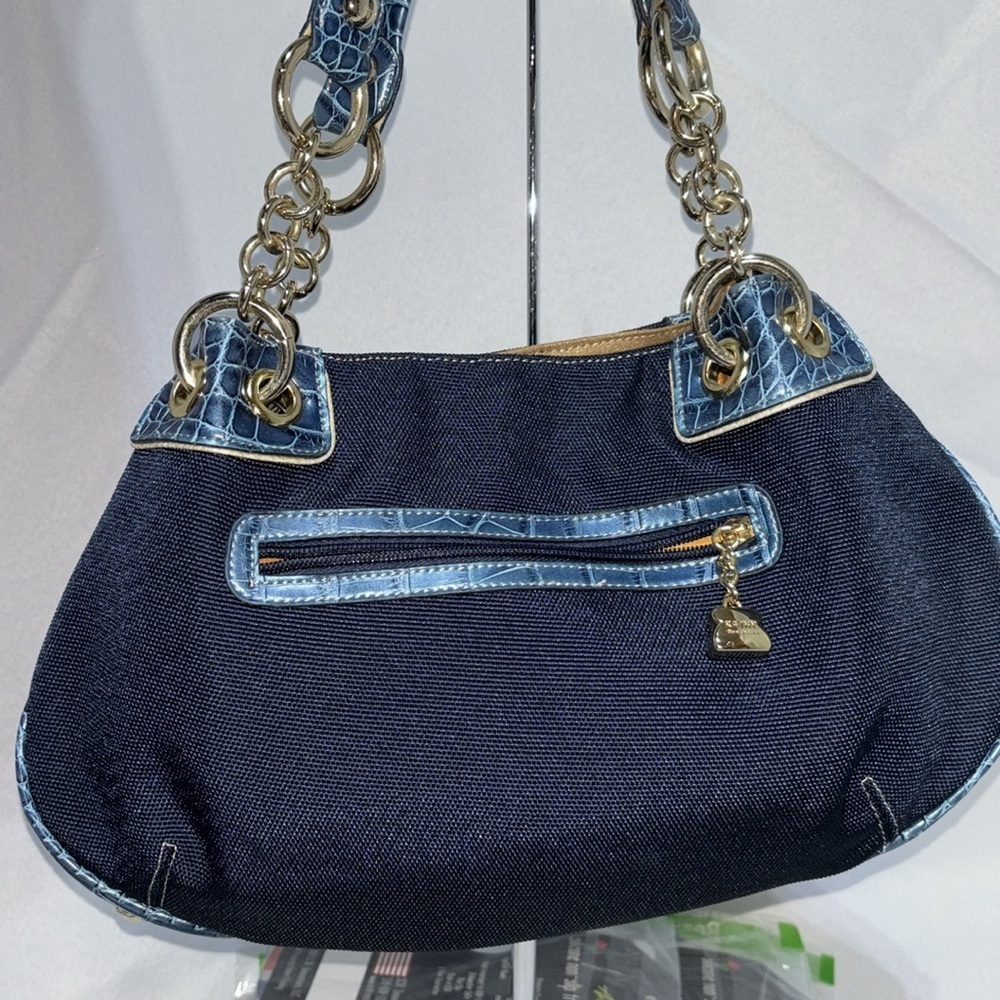 Kathy Van Zeeland Navy Canvas Faux Croc Double Strap Satchel Shoulder Bag Y2K - Picture 6 of 15